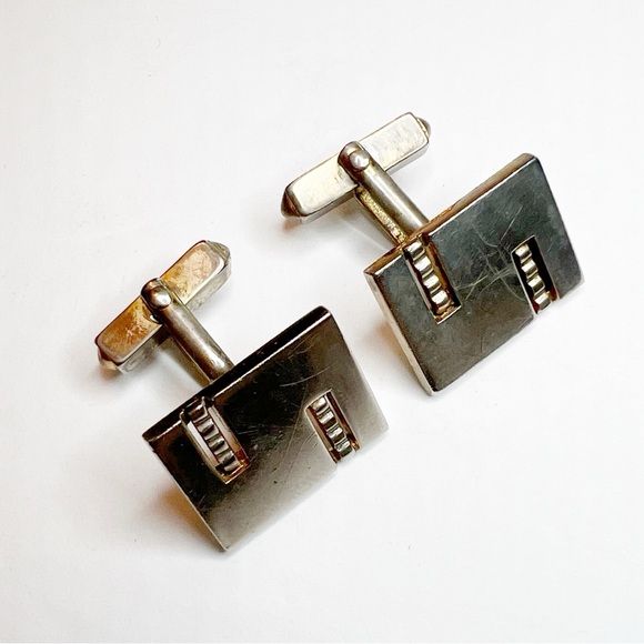 Vintage Swank Silver Tone rectangle cuff links with stuffed bar detail - Picture 2 of 5